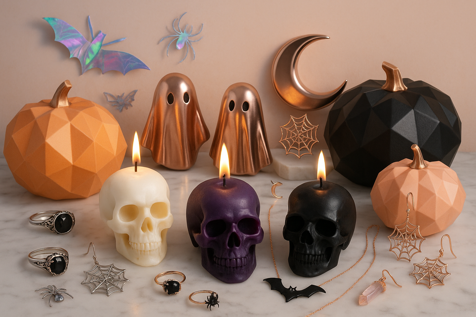 more whimsical, trendier, add some 3d Halloween decorations, maybe some jewelry, and homemade skull candles 